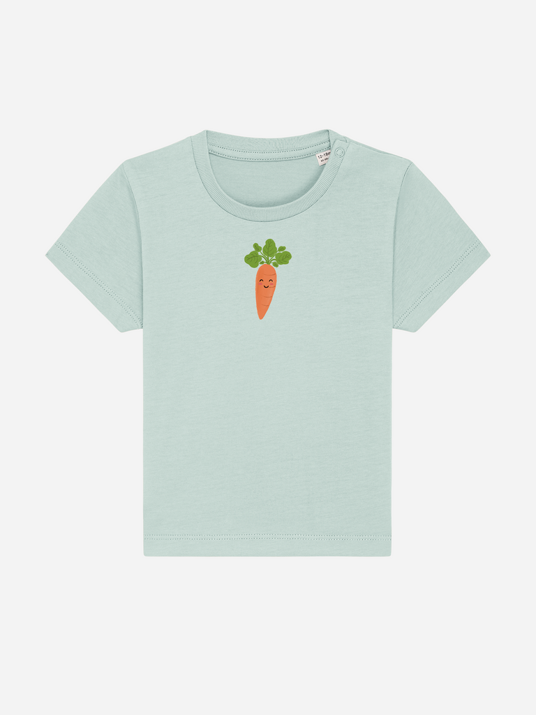 Personalisierbares Bio-T-Shirt für Kinder in Mintgrün mit karottenmotiv, kreatives Geschenk für Veggie-Kinder.