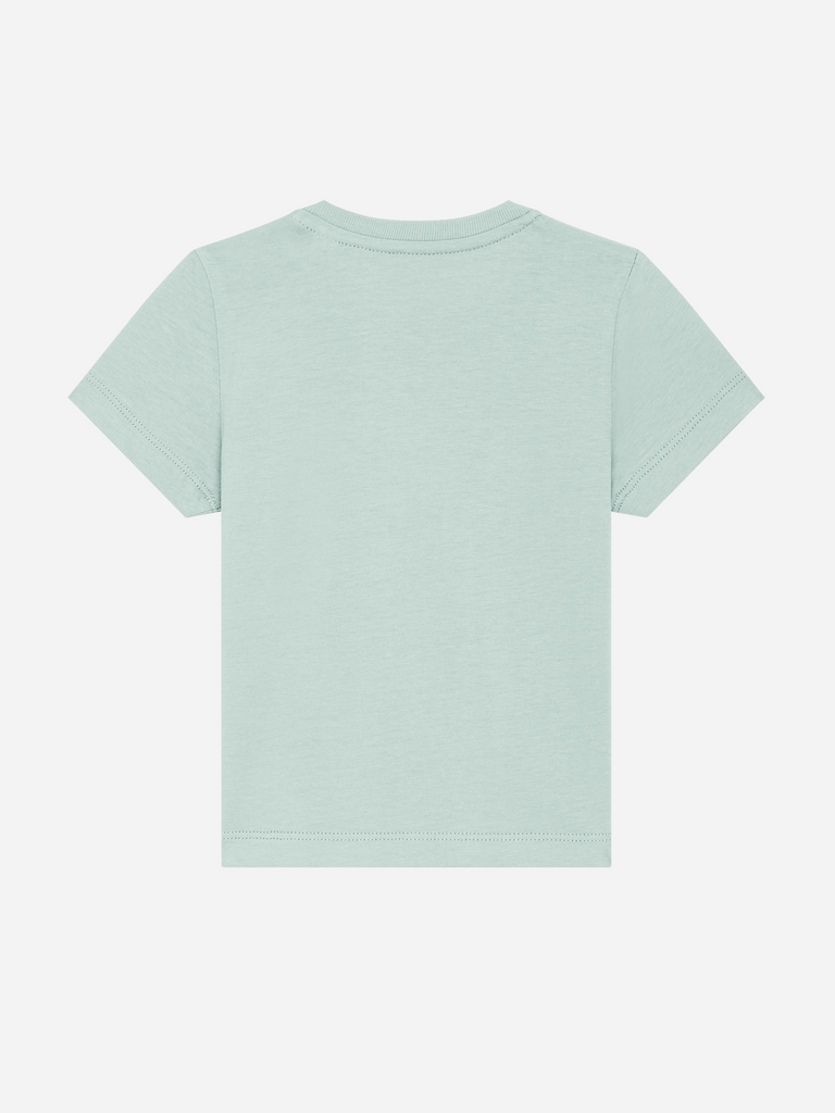 Personalisierbares Bio-T-Shirt für Kinder in sanften Mintgrün, Rückansicht, ideal als kreatives Geschenk.