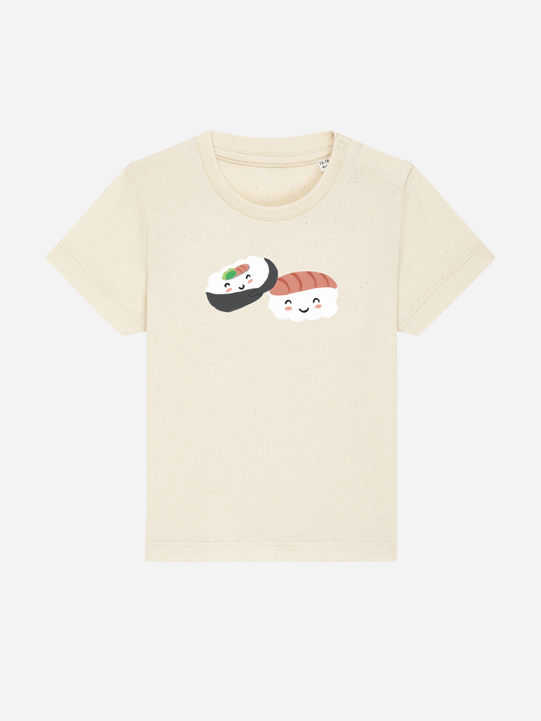 Geschenk zur Babyparty mit Namen: Personalisierbares Bio-T-Shirt (0–3 J.) 'Sushi', Frontansicht in Beige