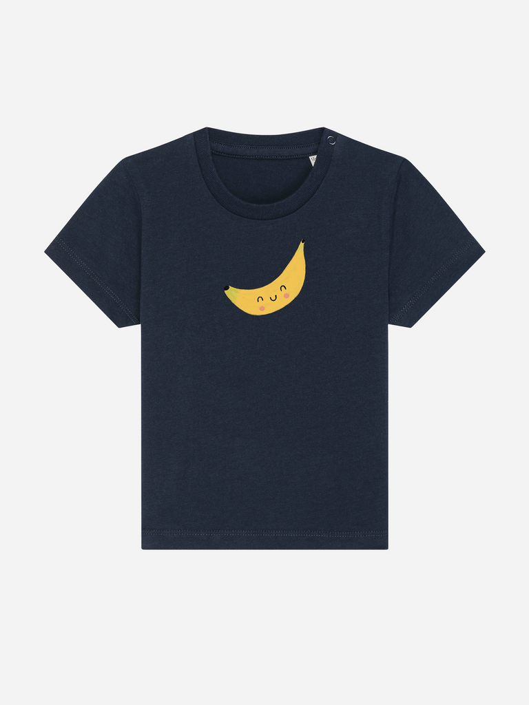 Personalisierbares Bio-T-Shirt (0–3 J.) 'Banane' auf navy-blauem Hintergrund mit fröhlichem Bananenmotiv.