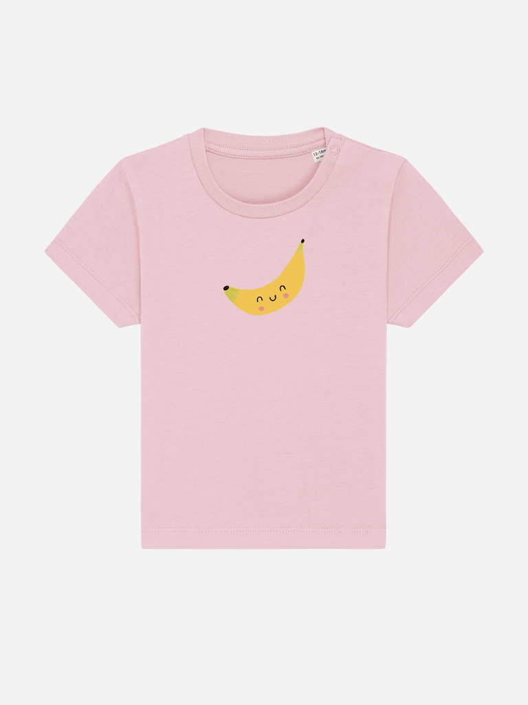 Personalisierbares Bio-T-Shirt (0–3 J.) 'Banane' in rosa mit lustigem Bananen-Motiv für Babys.