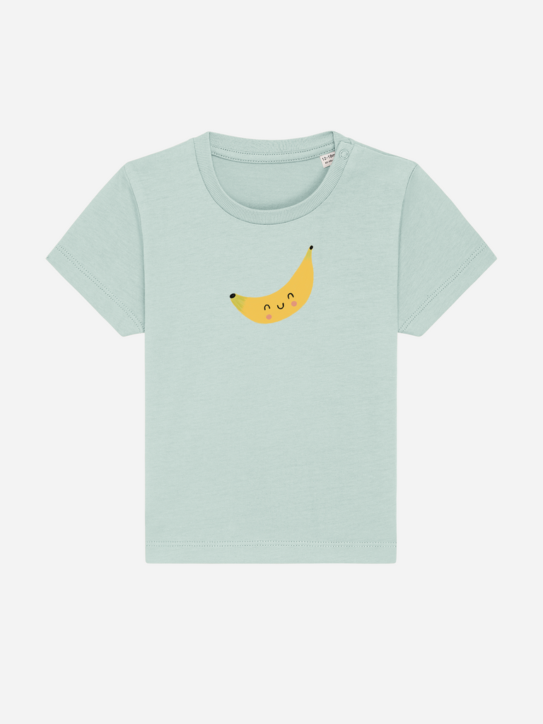 Personalisierbares Bio-T-Shirt (0–3 J.) 'Banane' in mintgrün mit lächelndem Bananen-Motiv für Babys.