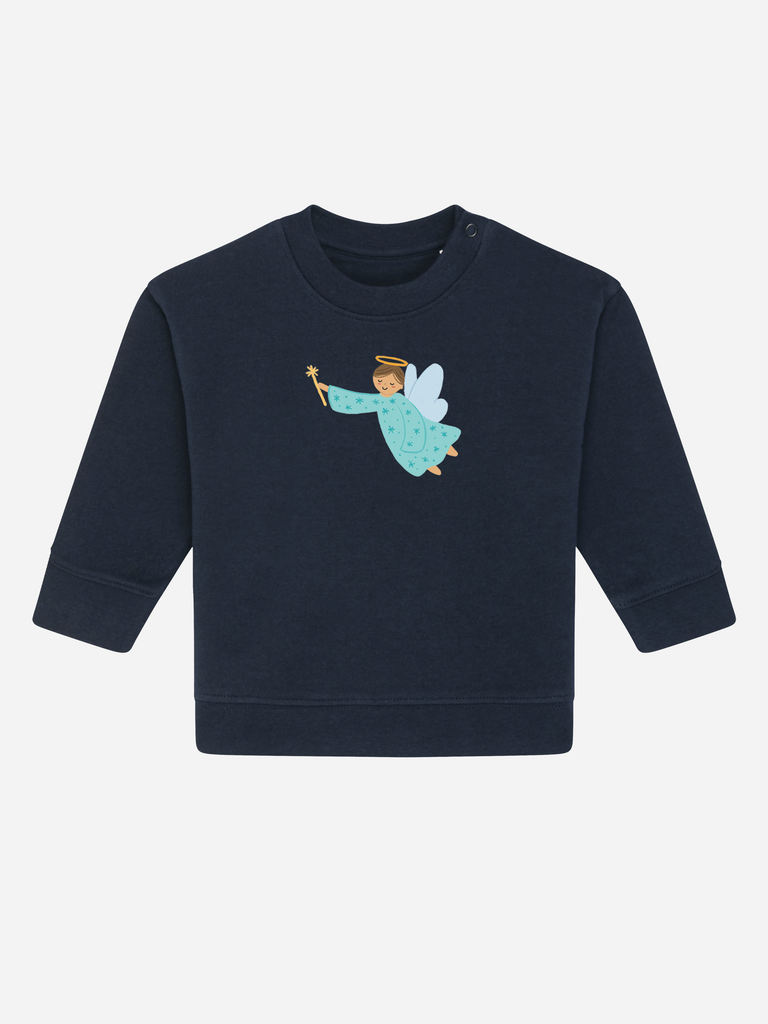 Persönliches Geschenk zur Taufe: Personalisierbarer Bio-Pullover (0–3 J.) 'Schutzengel', Frontansicht in Dunkelblau