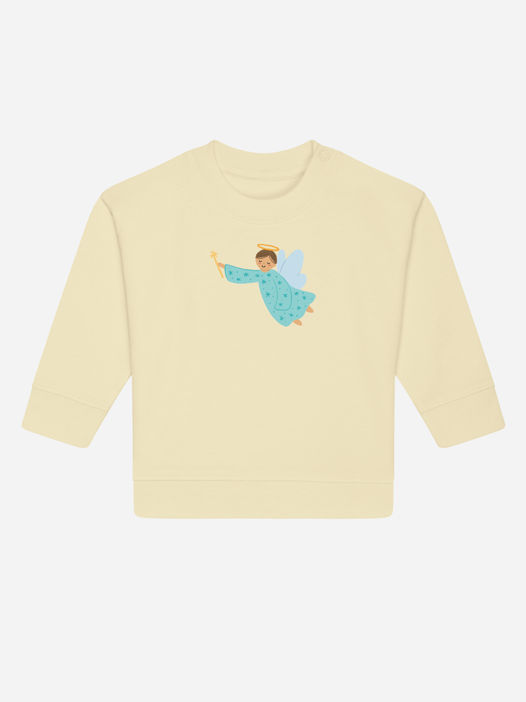 Persönliches Geschenk zur Taufe: Personalisierbarer Bio-Pullover (0–3 J.) 'Schutzengel', Frontansicht in Gelb