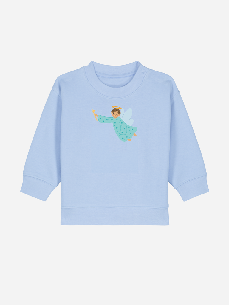 Persönliches Geschenk zur Taufe: Personalisierbarer Bio-Pullover (0–3 J.) 'Schutzengel', Frontansicht in Hellblau