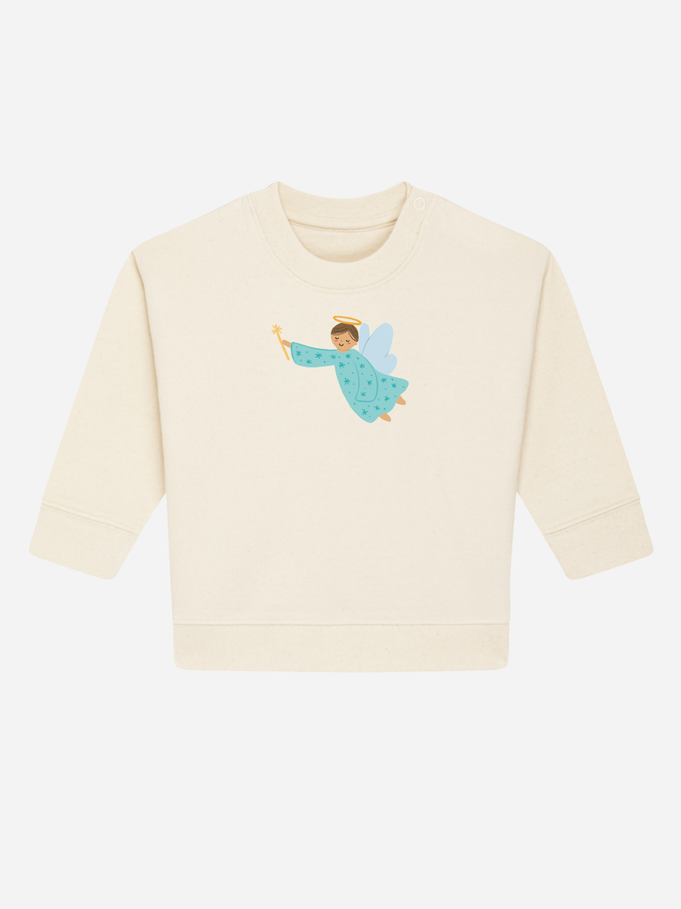 Persönliches Geschenk zur Taufe: Personalisierbarer Bio-Pullover (0–3 J.) 'Schutzengel', Frontansicht in Beige