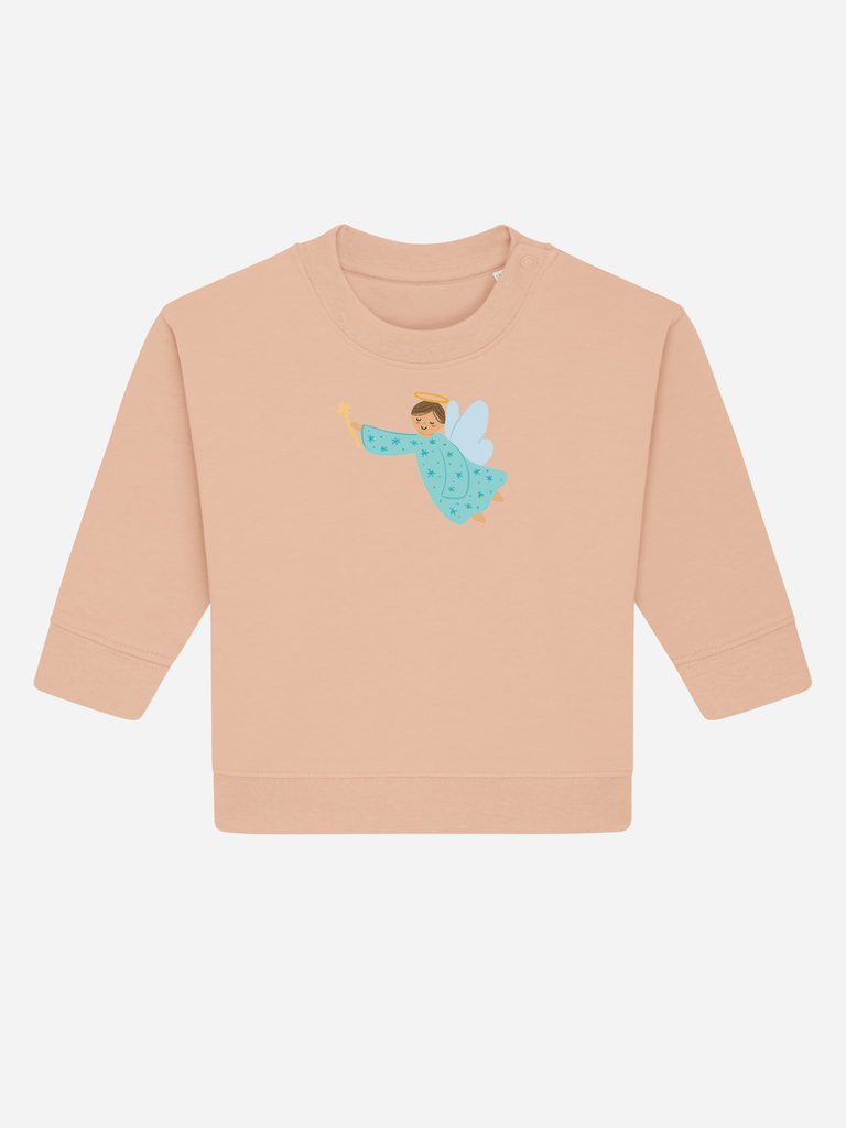 Persönliches Geschenk zur Taufe: Personalisierbarer Bio-Pullover (0–3 J.) 'Schutzengel', Frontansicht in Orange