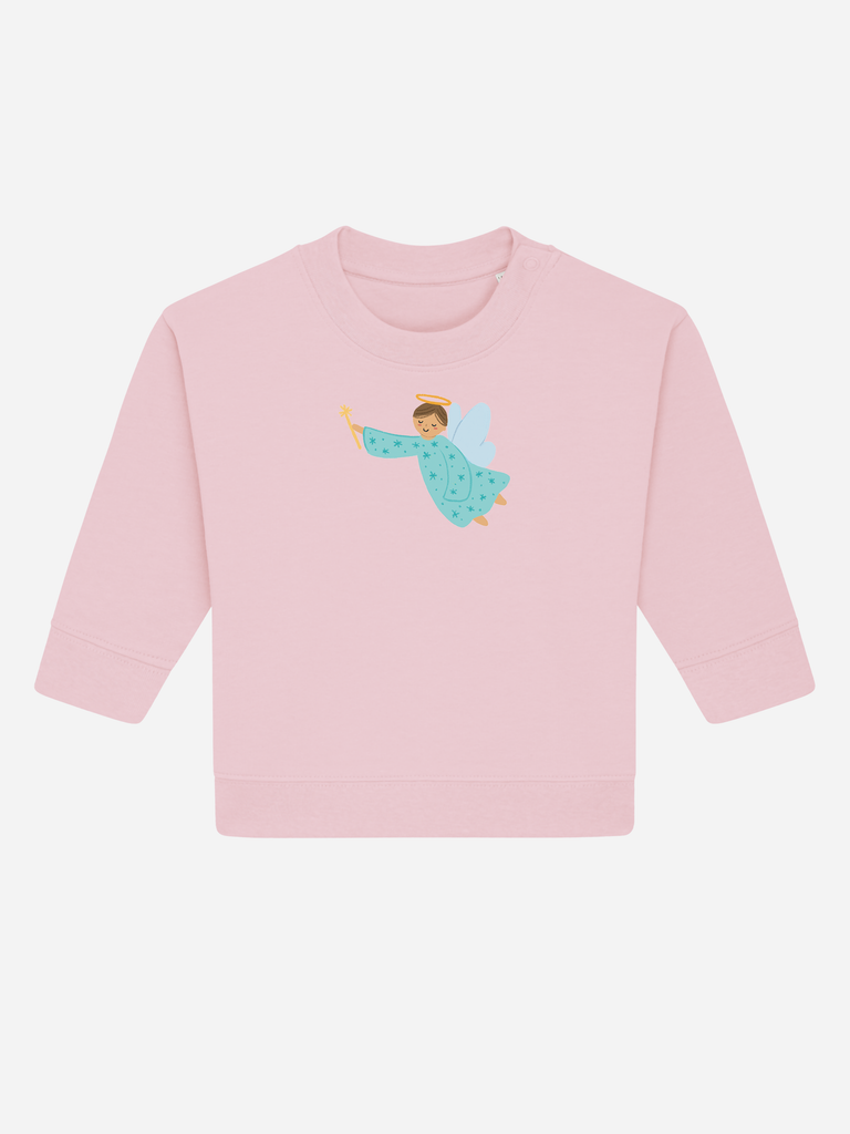 Persönliches Geschenk zur Taufe: Personalisierbarer Bio-Pullover (0–3 J.) 'Schutzengel', Frontansicht in Rosa