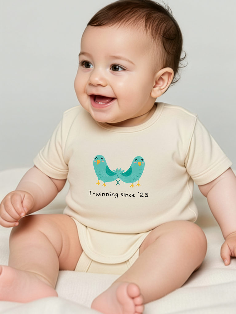 Personalisiertes Babygeschenk: Tragebild vom personalisierten Baby-Body mit Sternzeichen Zwillinge in 8 Farben erhältlich von liebeundgeschenke.de.