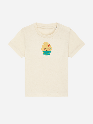 Personalisierbares Bio-T-Shirt (0–3 J.) mit süßem Cupcake-Motiv für Kinder.