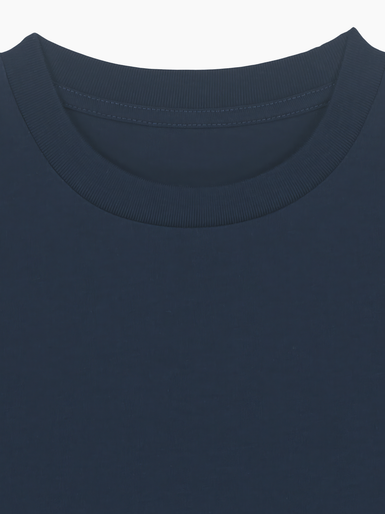 Navy blue organic cotton T-shirt collar, perfect for kids aged 3-11, personalized gift for birthdays.