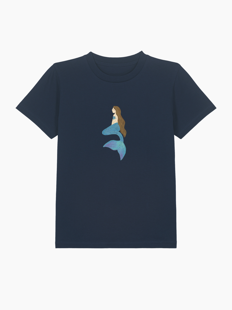 Personalisierbares Bio-T-Shirt in Navy mit Meerjungfrau-Design für Kinder von 3 bis 11 Jahren.