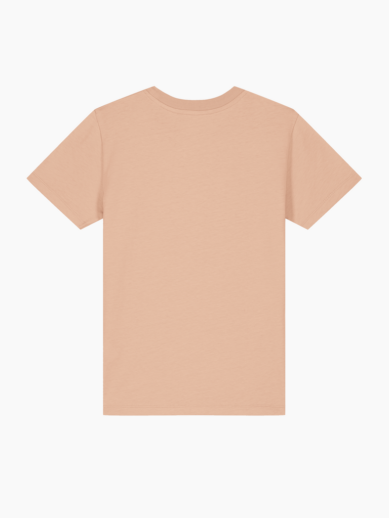Rückansicht eines personalisierbaren Bio-T-Shirts in sanften Pfirsichfarben für Kinder 3–11 Jahre.