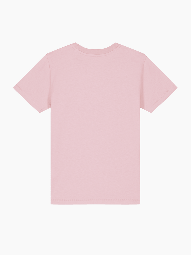 Rückansicht eines personalisierbaren rosa Bio-T-Shirts für Kinder im Alter von 3 bis 11 Jahren.