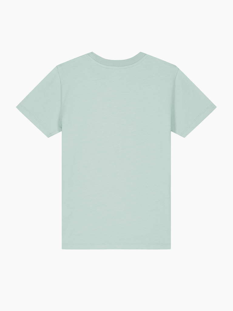 Hinteransicht eines personalisierbaren Bio-T-Shirts in Mintgrün für Kinder von 3–11 Jahren.