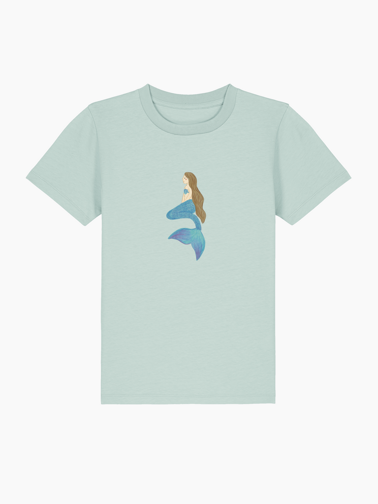 Personalisierbares Bio-T-Shirt für Kinder mit Meerjungfrau-Design in mintgrün, ideal als Geschenk zum 5. Geburtstag.