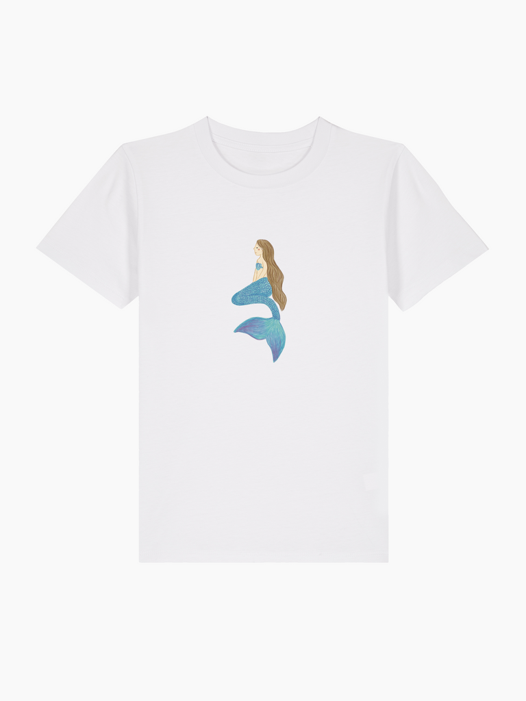 Personalisierbares Bio-T-Shirt für Kinder mit Meerjungfrau-Design, ideal als Geschenk zum 5. Geburtstag.