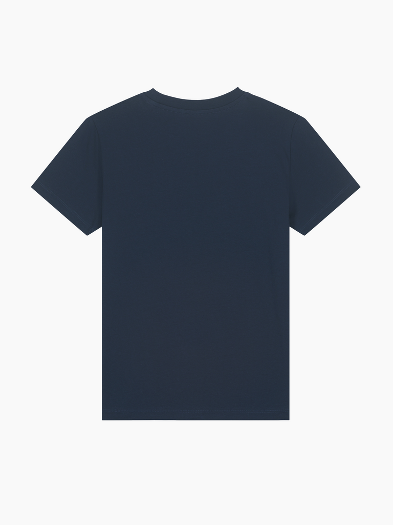 Rückansicht eines navy Bio-T-Shirts, personalisierbar für Kinder mit galoppierendem Pferd-Design.
