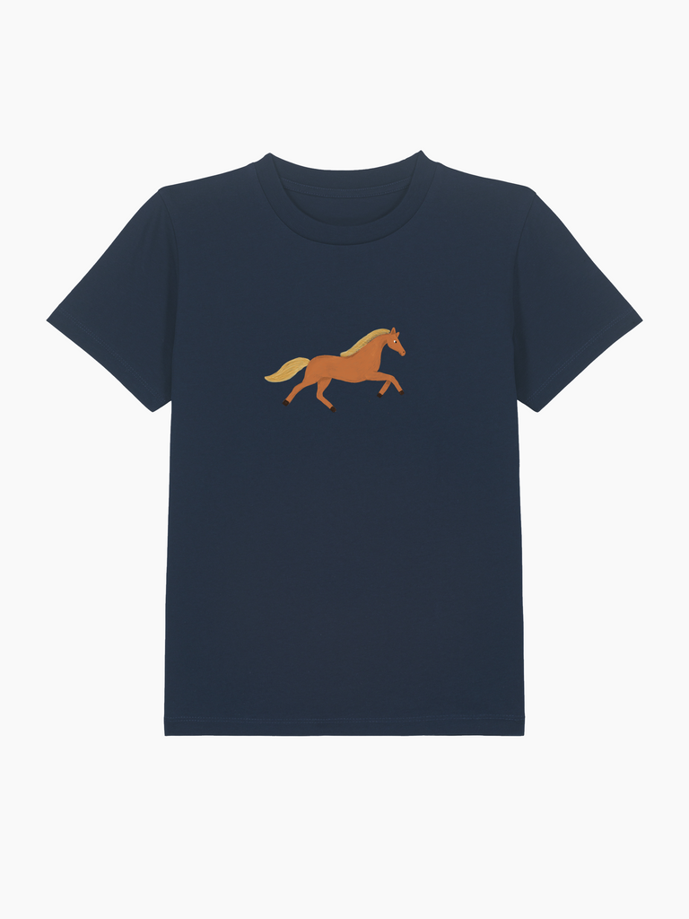 Personalisierbares Bio-T-Shirt für Kinder mit galoppierendem Pferd in orange auf navy Hintergrund.