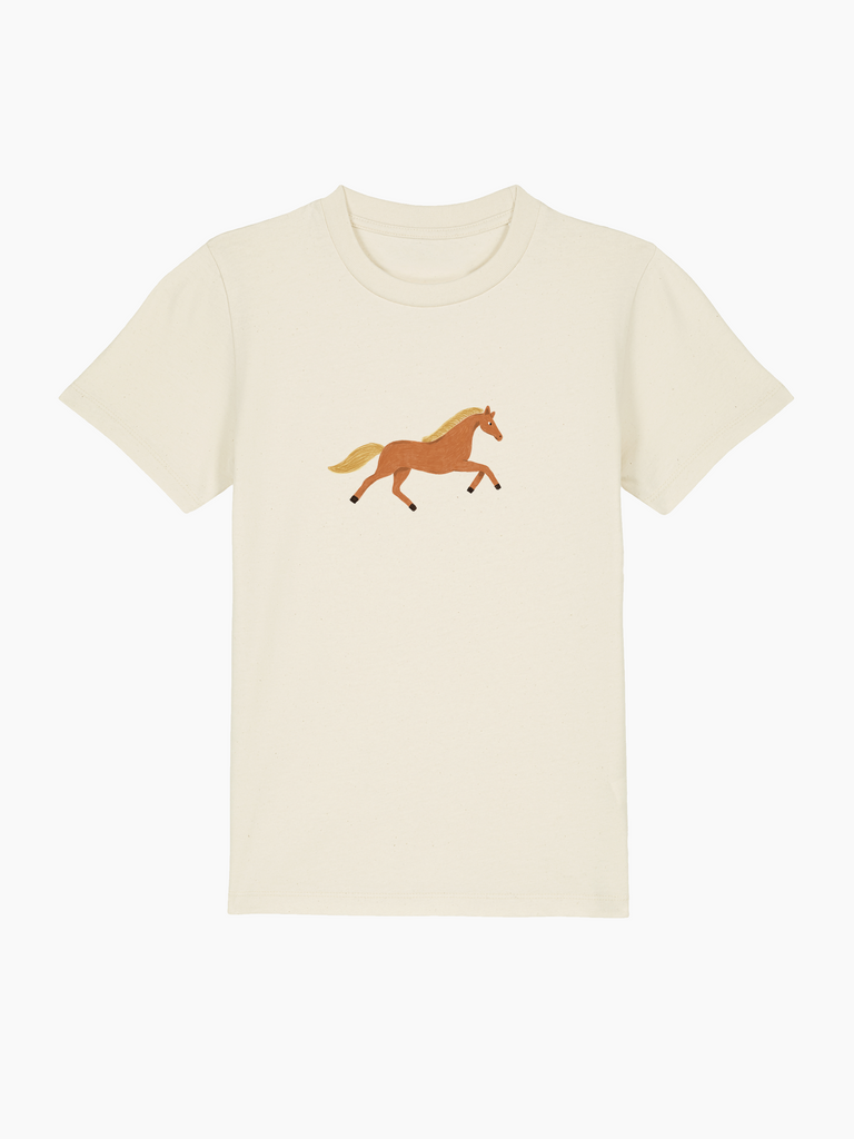 Personalisierbares Bio-T-Shirt für Kinder mit galoppierendem Pferd-Design, ideal als Geburtstagsgeschenk.