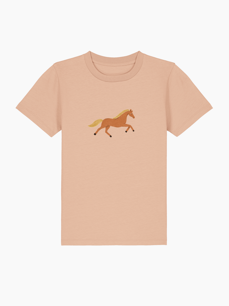 Personalisierbares Bio-T-Shirt für Kinder mit einem galoppierenden Pferd-Design in sanften Farben.