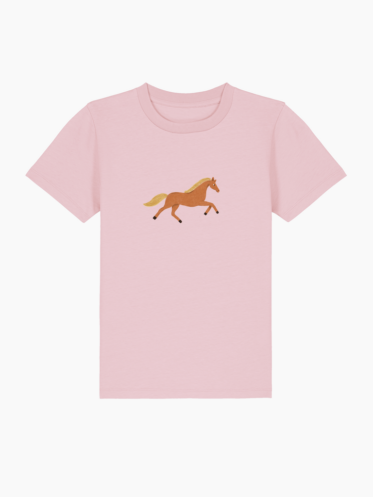 Personalisierbares Bio-T-Shirt für Kinder in Rosa mit galoppierendem Pferd-Design.