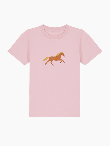Personalisierbares Bio-T-Shirt für Kinder in Rosa mit galoppierendem Pferd-Design.