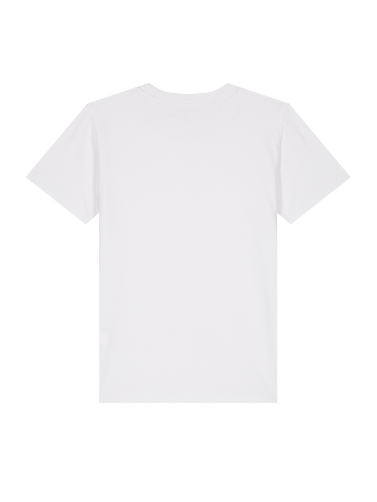 Rückansicht eines personalisierbaren Bio-T-Shirts für Kinder in Weiß, ideal für individuelle Geschenke.