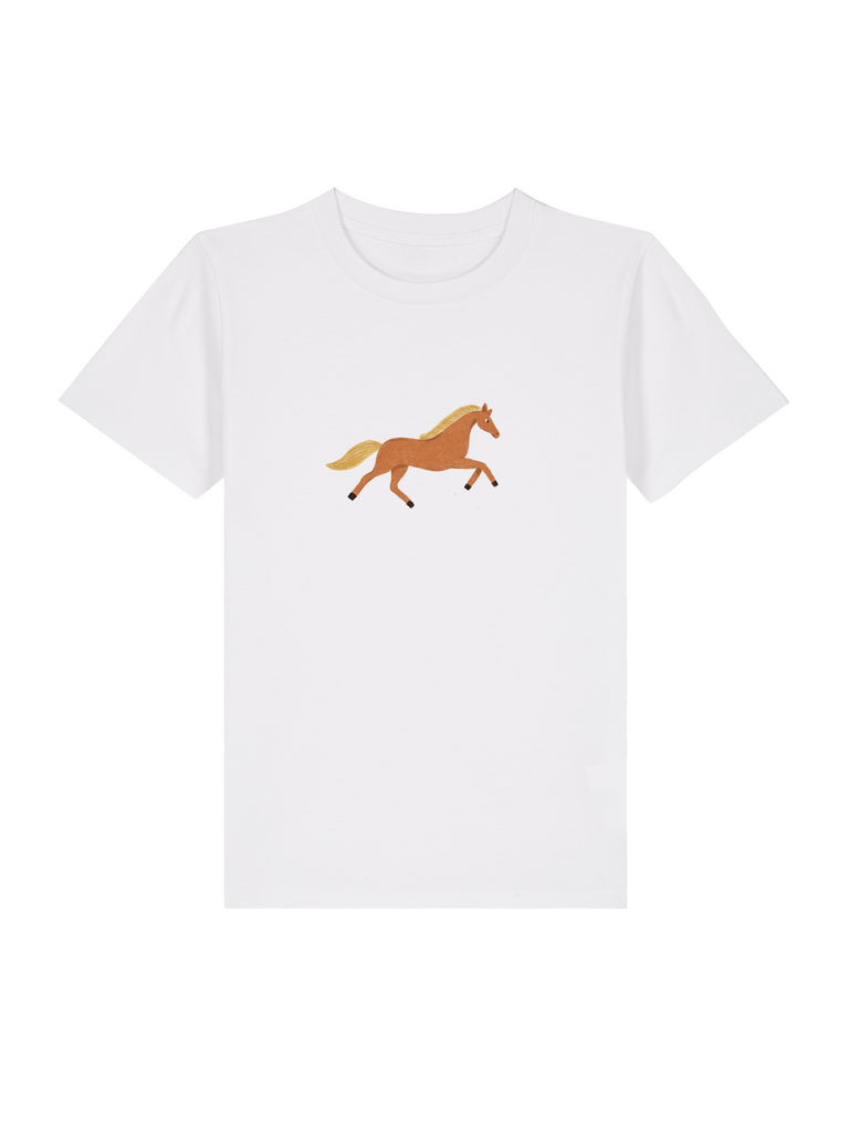 Personalisierbares Bio-T-Shirt für Kinder mit einem galoppierenden Pferd-Design.