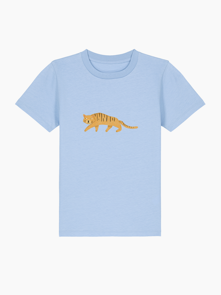Personalisierbares Bio-T-Shirt für Kinder in Blau mit Tiger-Motiv, ideal als Geschenk zum 6. Geburtstag.
