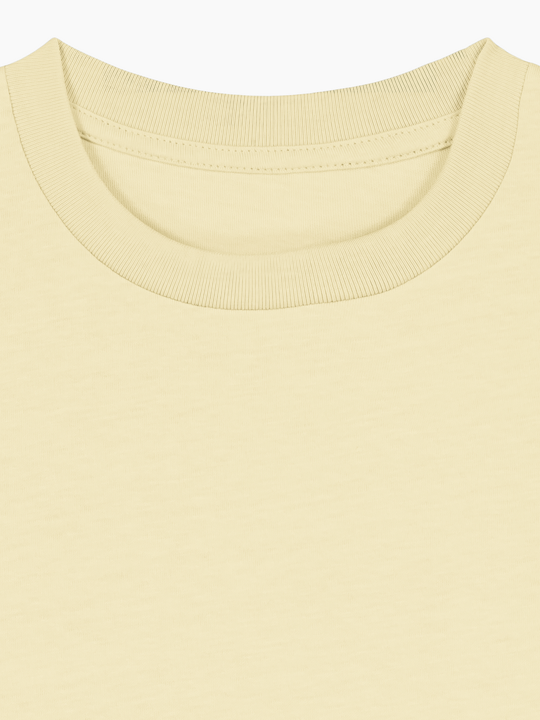 Beige Bio-T-Shirt für Kinder mit Rundhalsausschnitt, ideal für personalisierbare Designs.