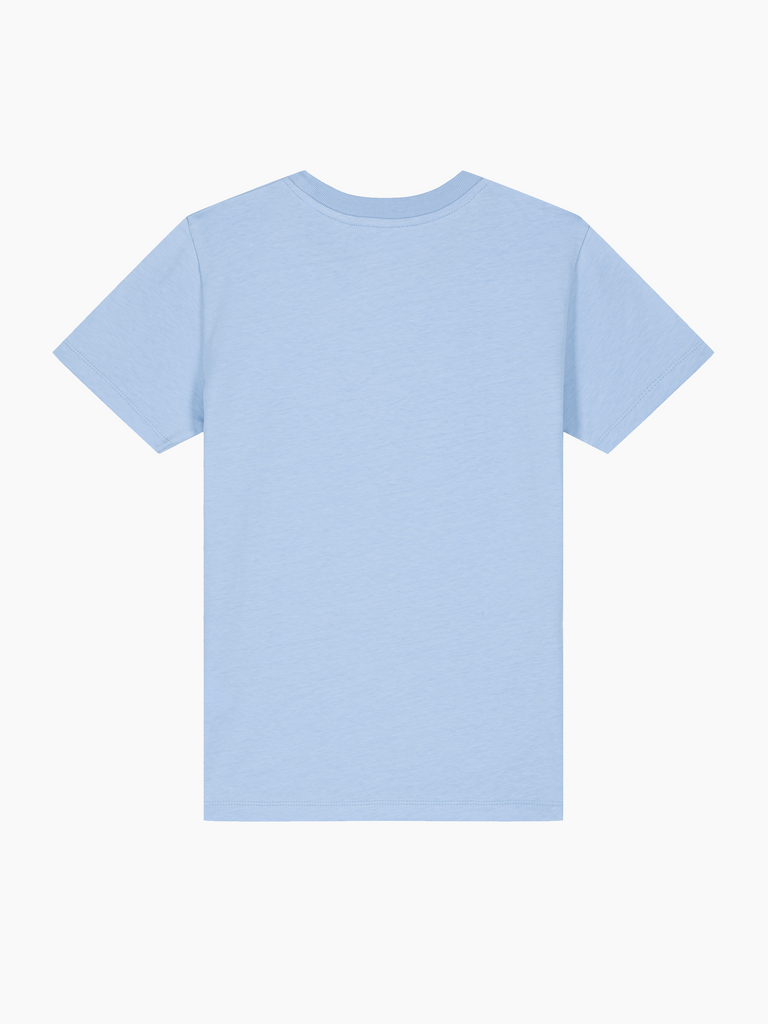 Rückansicht eines hellblauen T-Shirts für Kinder, geeignet für personalisierbare Designs.