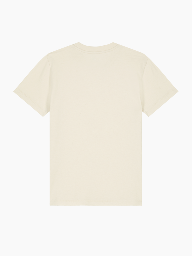 Rückansicht eines personalisierbaren Bio-T-Shirts in beige für Kinder im Alter von 3-11 Jahren.