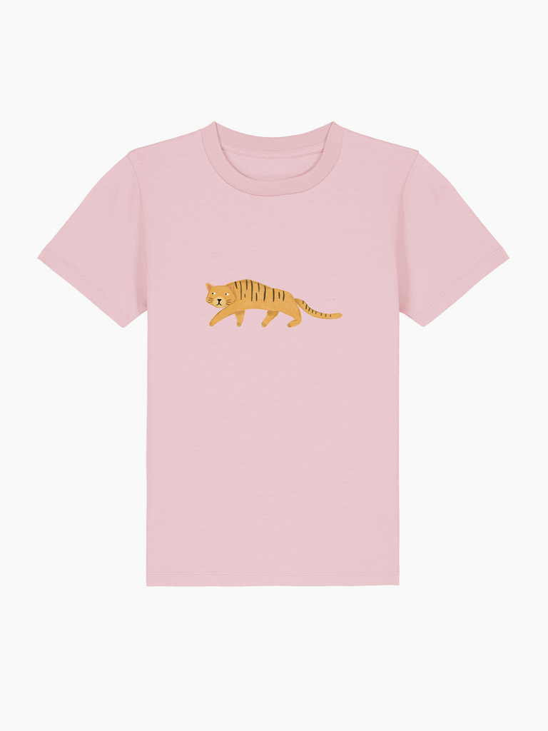 Personalisierbares Bio-T-Shirt für Kinder in Rosa mit Tiger-Motiv, ideal als 6. Geburtstagsgeschenk.