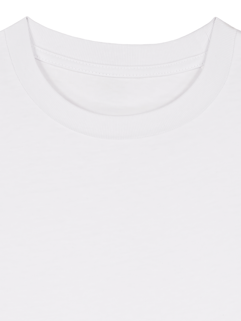 A close-up of the collar of a blank white organic T-shirt for customization.