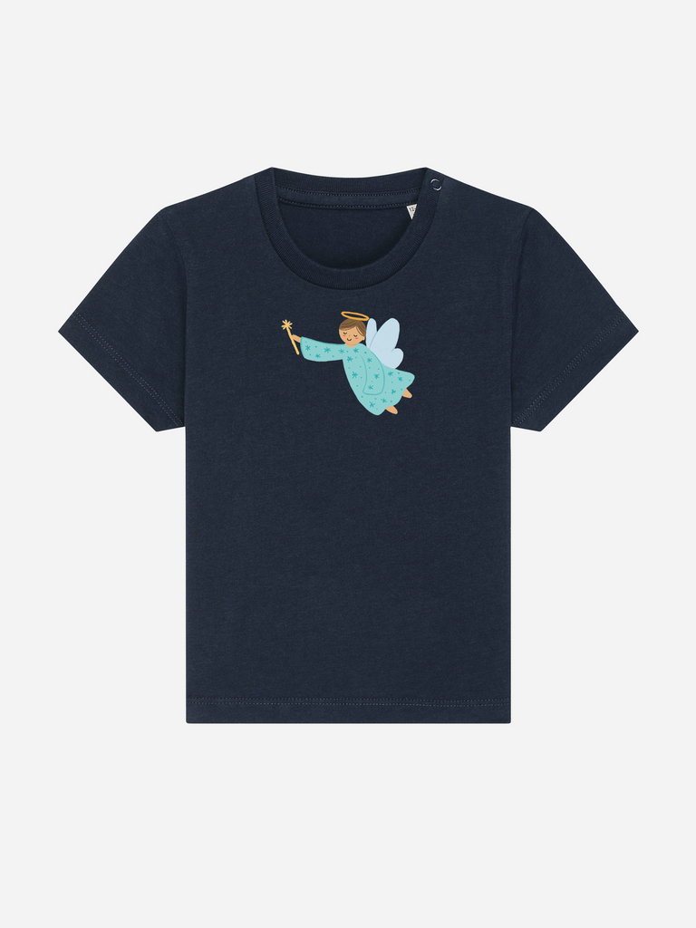 Baby-Geschenk zur Geburt: Personalisierbares Bio-T-Shirt (0–3 J.) 'Schutzengel' in Dunkelblau, Frontansicht