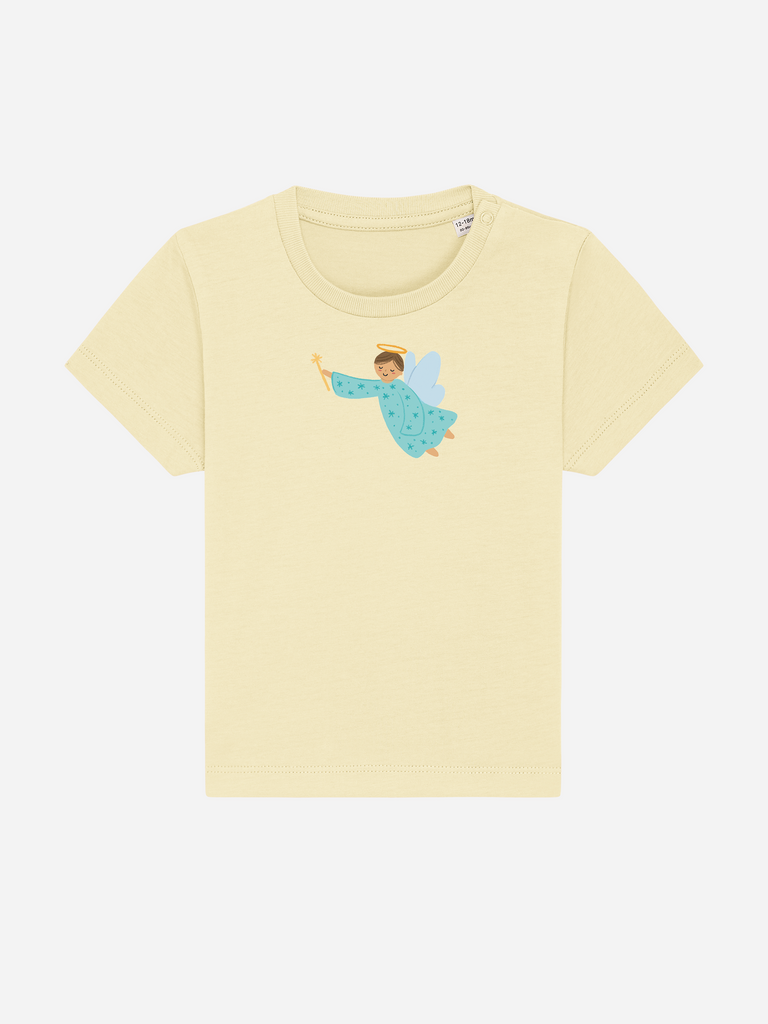 Baby-Geschenk zur Geburt: Personalisierbares Bio-T-Shirt (0–3 J.) 'Schutzengel' in Gelb, Frontansicht