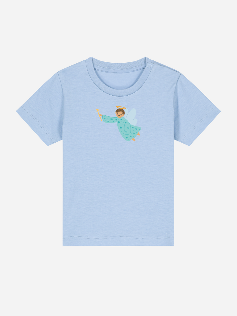 Baby-Geschenk zur Geburt: Personalisierbares Bio-T-Shirt (0–3 J.) 'Schutzengel' in Blau, Frontansicht