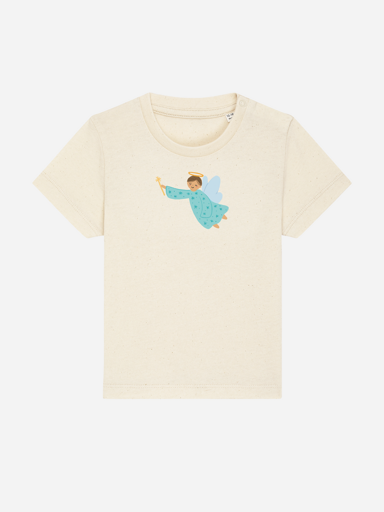Baby-Geschenk zur Geburt: Personalisierbares Bio-T-Shirt (0–3 J.) 'Schutzengel' in Natur, Frontansicht