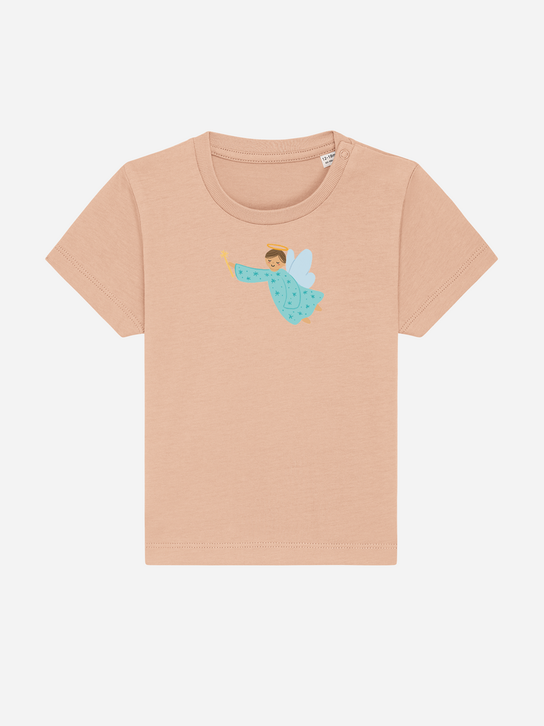Baby-Geschenk zur Geburt: Personalisierbares Bio-T-Shirt (0–3 J.) 'Schutzengel' in Orange, Frontansicht