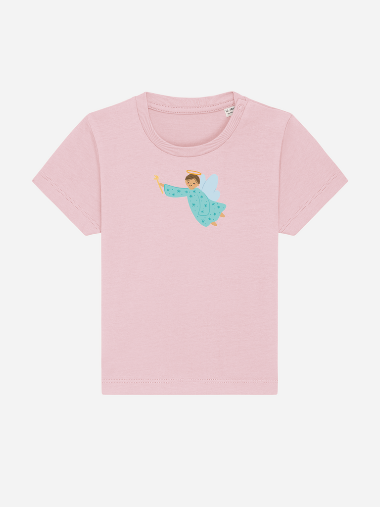 Baby-Geschenk zur Geburt: Personalisierbares Bio-T-Shirt (0–3 J.) 'Schutzengel' in Rosa, Frontansicht