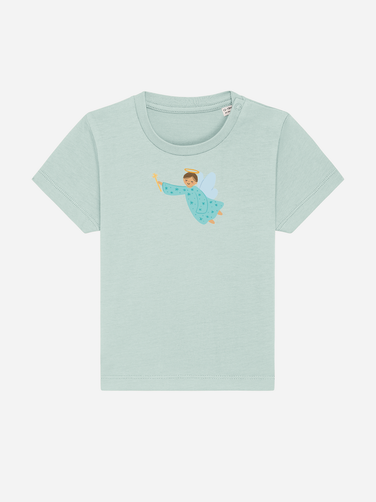 Baby-Geschenk zur Geburt: Personalisierbares Bio-T-Shirt (0–3 J.) 'Schutzengel' in Türkis, Frontansicht