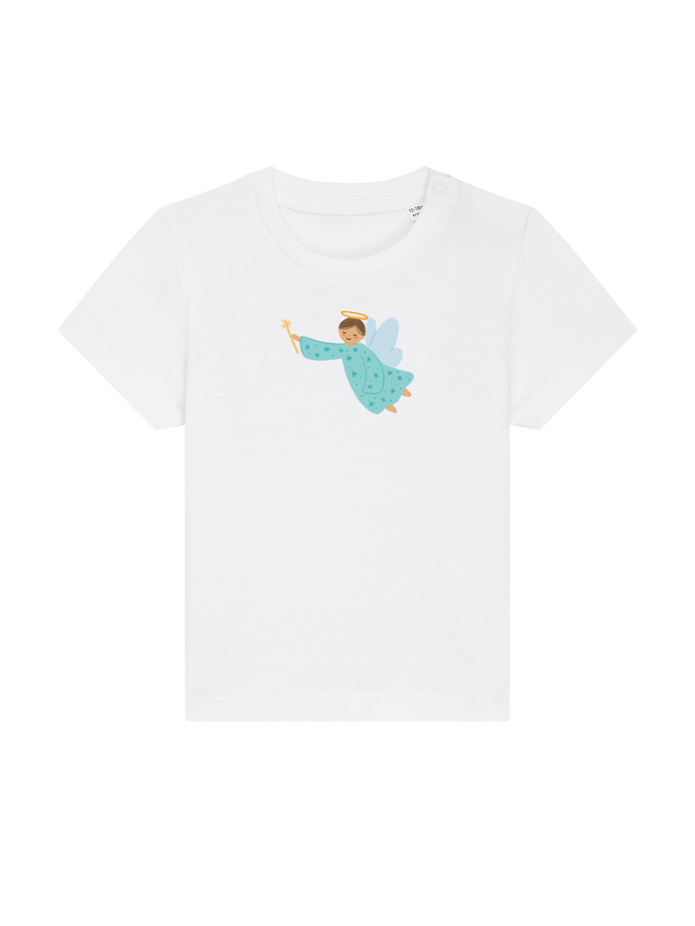 Baby-Geschenk zur Geburt: Personalisierbares Bio-T-Shirt (0–3 J.) 'Schutzengel' in Weiss, Frontansicht