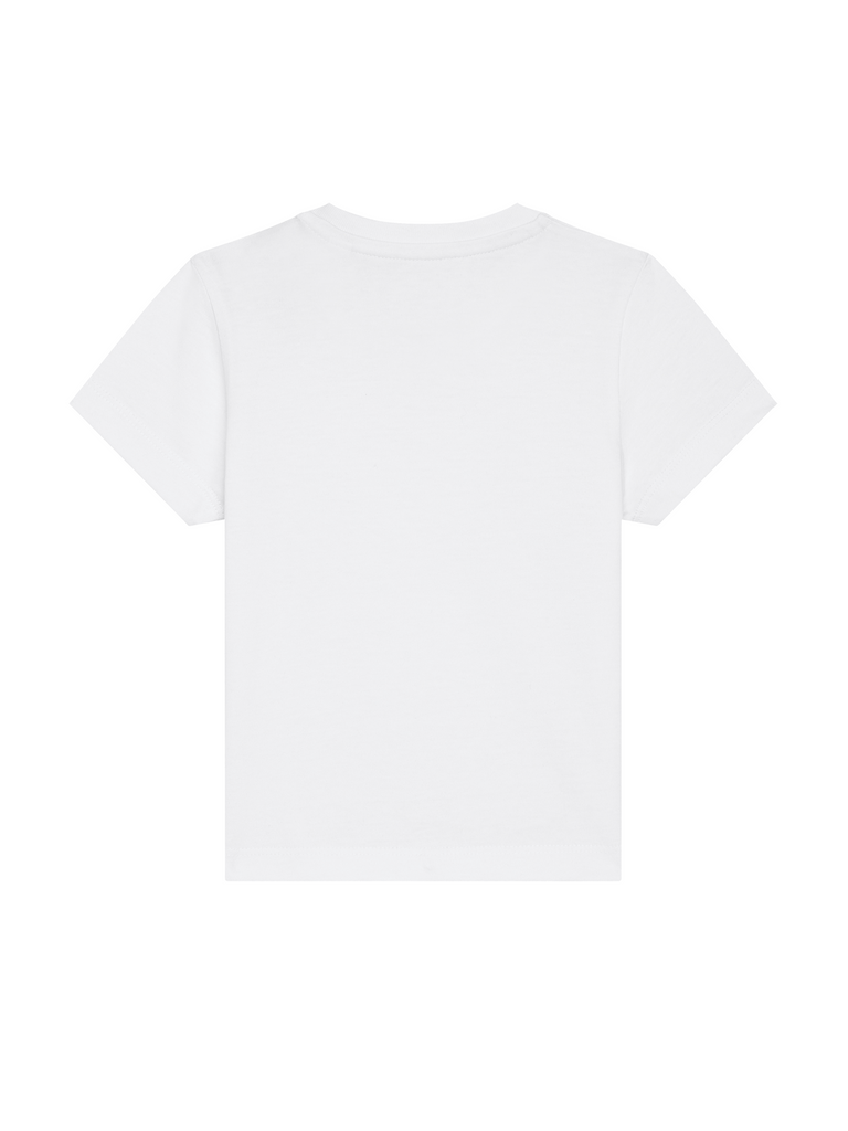 Sinnvolles Geschenk zum 3. Geburtstag: Personalisierbares Bio-T-Shirt (0–3 J.) 'Sternzeichen Stier', Rückansicht in Weiß