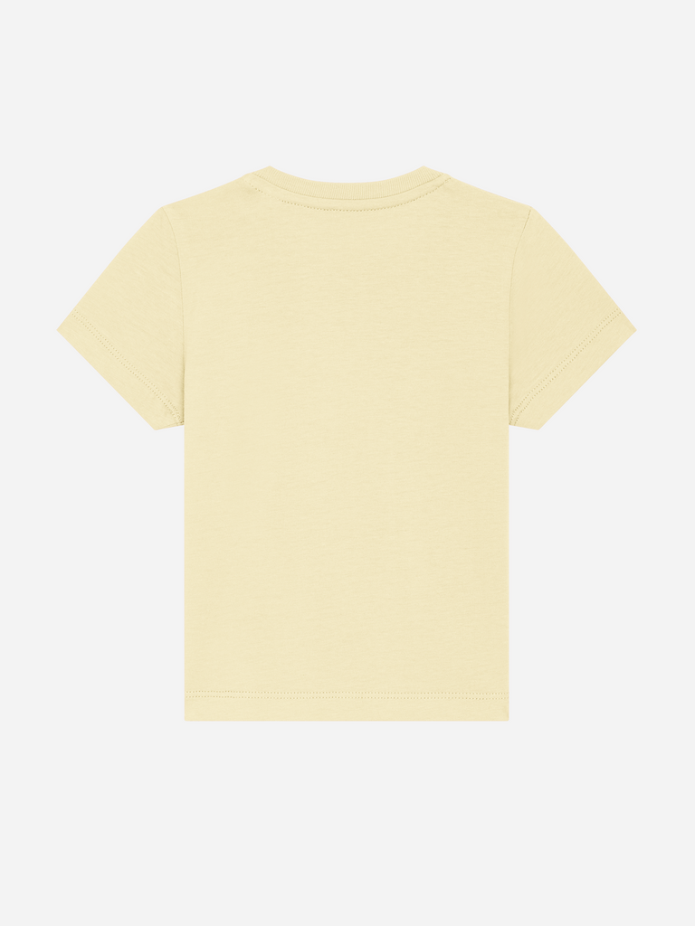 Sinnvolles Geschenk zum 3. Geburtstag: Personalisierbares Bio-T-Shirt (0–3 J.) 'Sternzeichen Stier', Rückansicht in Gelb