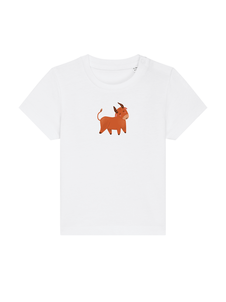 Sinnvolles Geschenk zum 3. Geburtstag: Personalisierbares Bio-T-Shirt (0–3 J.) 'Sternzeichen Stier', Frontansicht in Weiß