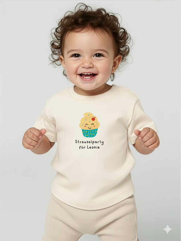 Praktisches Geschenk für 1-jährige Jungs & Mädchen: Tragebild: Personalisierbares Bio-T-Shirt in 8 Farben erhältlich bei Liebe & Geschenke.