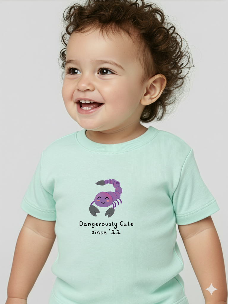 Sinnvolles Geschenk zum 2. Geburtstag: Personalisierbares Bio-T-Shirt mit Sternzeichen Skorpion in 8 Farben erhältlich auf liebeundgeschenke.de.