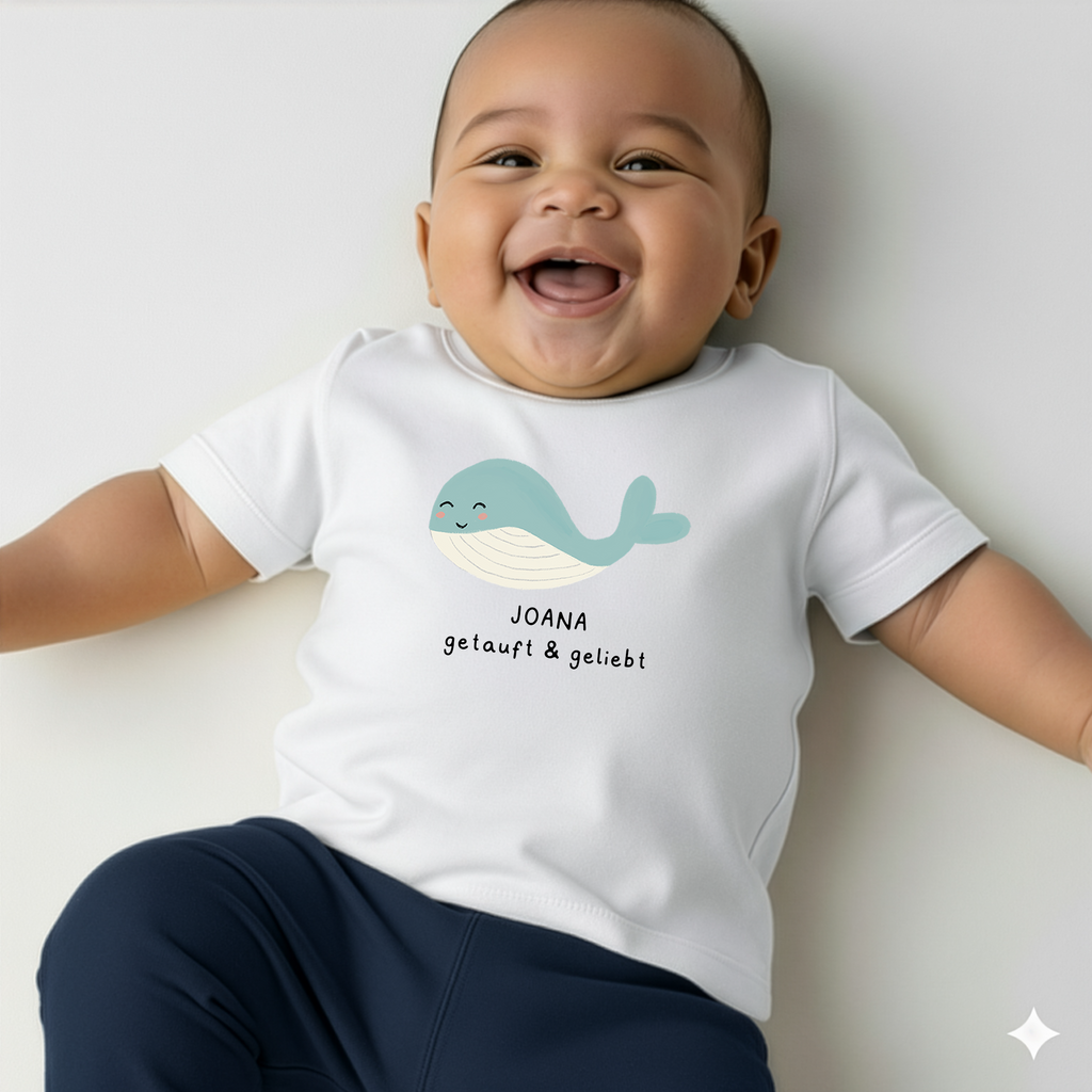 Taufgeschenk als Patin: Personalisierbares Bio-T-Shirt in 8 Farben erhältlich auf liebeundgeschenke.de.