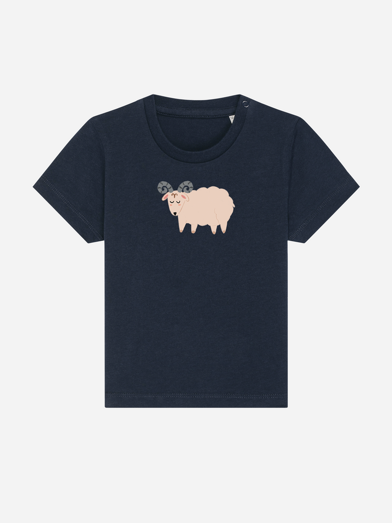 Geschenk für 1-jährige Mädchen & Jungs: Personalisierbares Bio-T-Shirt (0–3 J.) 'Sternzeichen Widder', Frontansicht in Dunkeblau